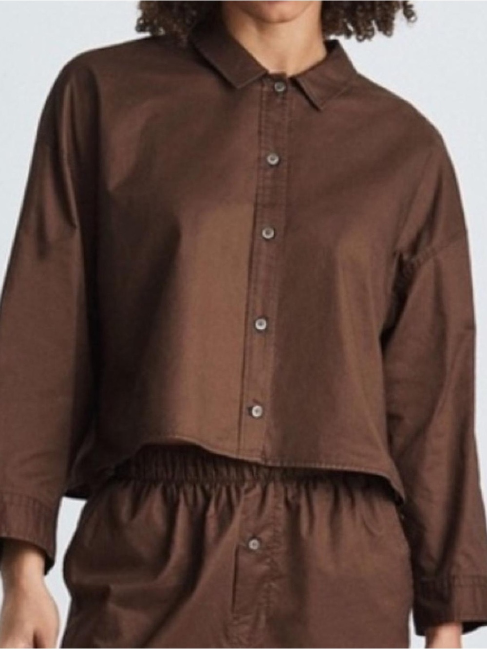 NWT Everlane XS Boxy Chestnut Brown Cropped Button Down Pajama Top Poplin Cotton